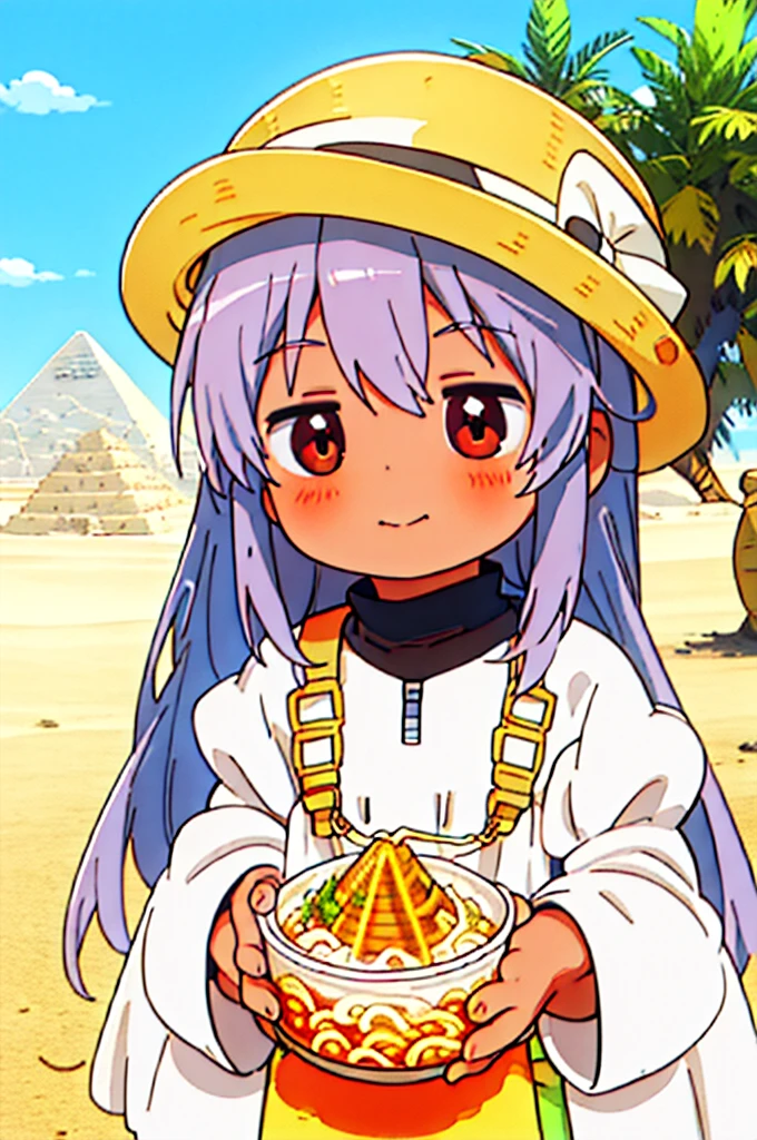 Egypt Tourism、Pyramids and camels、Girl Eating Koshari、happily face、Egyptian clothes and hats、Brown skin、​masterpiece、top-quality、Top image quality