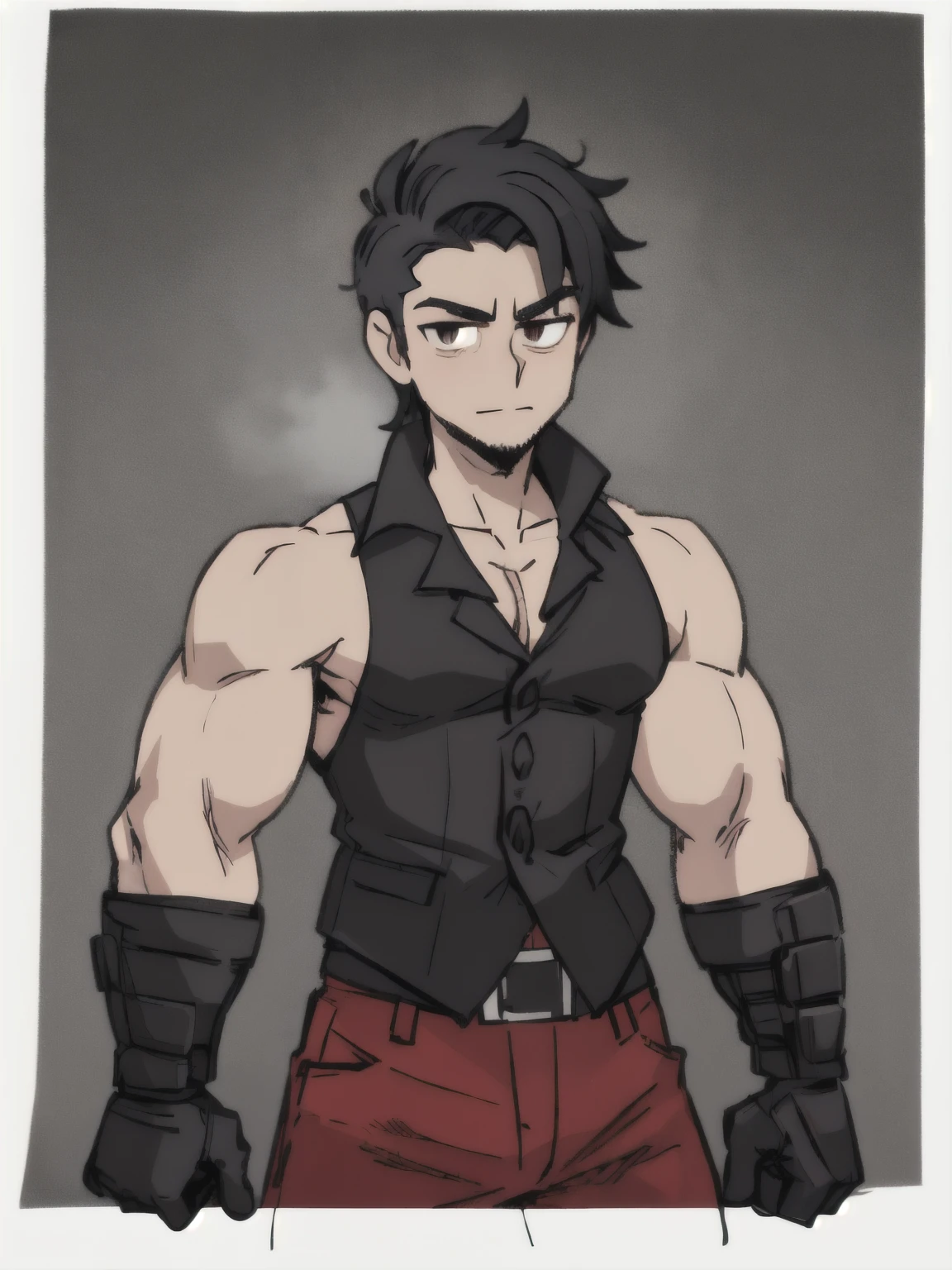 An inch-headed man,front,((Half Body),(Black hair)),Muscular and burly,Scar,Red vest,civilian,White background