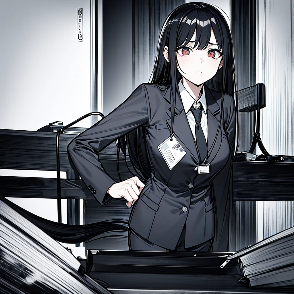 masterpiece, best quality, Long black hair, female, A dull look, office worker suit, girl, ( There is only one person ), A puzzled face