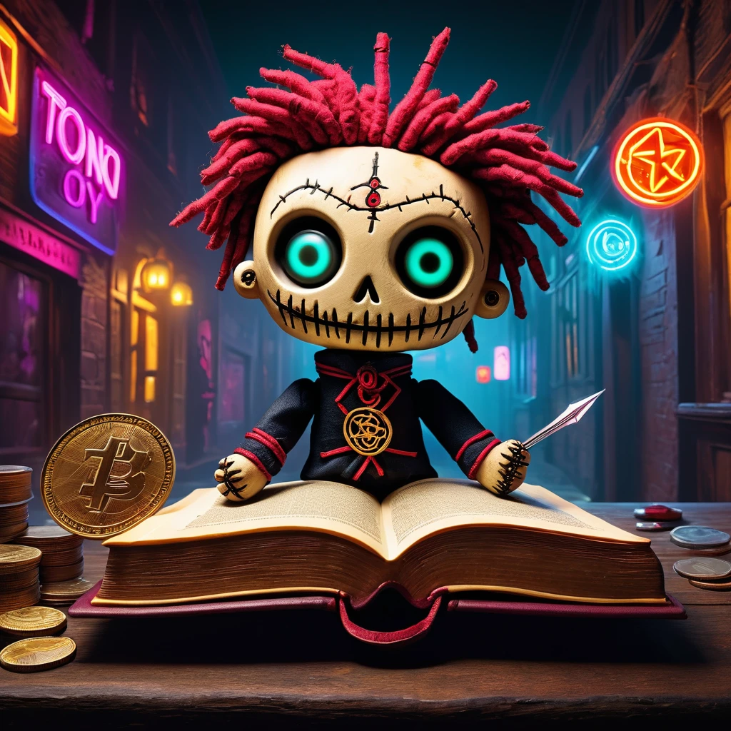 (knitted toy voodoo doll:1.8), (needles stuck into Voodoo:1.9), (with the logo of the TON coin:1.9), (in the hands an ancient book, on the cover the number 666:1.6), (in the background a city in neon color:1.5), gothic atmosphere of horror, best quality, masterpiece, soft oil painting, detailed background, dramatic cinematic lighting, soft edge lighting, professional, dramatic lighting, hard edge lighting, ultra quality, 4k, masterpiece, best quality, 8k, super high definition, high de