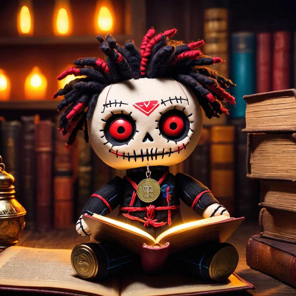 (knitted toy voodoo doll:1.8), (needles stuck into Voodoo:1.9), (with the logo of the TON coin:1.9), (in the hands an ancient book, on the cover the number 666:1.6), (in the background a city in neon color:1.5), gothic atmosphere of horror, best quality, masterpiece, soft oil painting, detailed background, dramatic cinematic lighting, soft edge lighting, professional, dramatic lighting, hard edge lighting, ultra quality, 4k, masterpiece, best quality, 8k, super high definition, high de