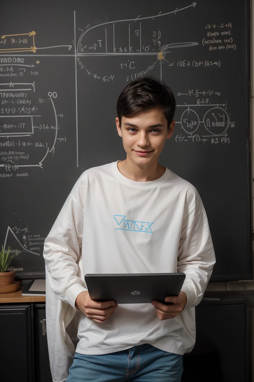 A cute, beautiful, black-haired male twink is wearing a luxurious, bright white, long-sleeved shirt and jeans. He is in his office, and behind him is a blackboard with calculus written on it. Neon energy emerges from the blackboard as he looks proudly, and a mind map of science comes out of his head.