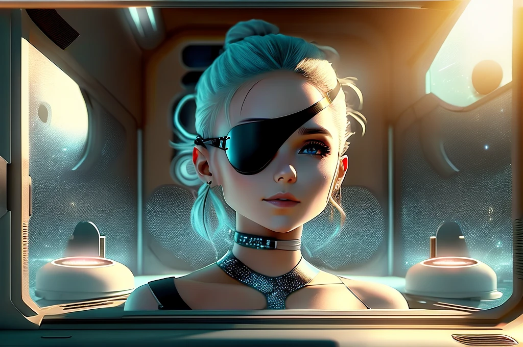 Experiments are placed on a table, one sublime woman sits next to it, the woman's left eye is replaced by a eye patch with a tiny galaxy drawn on it, scene in a futuristic laboratory