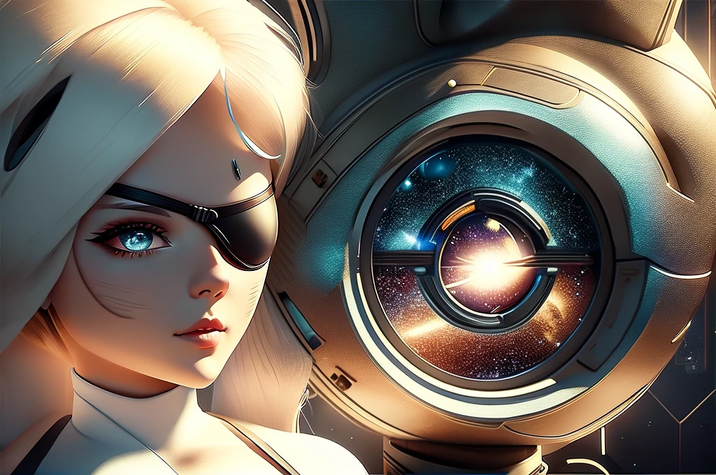 Experiments are placed on a table, one sublime woman sits next to it, the woman's left eye is replaced by a eye patch with a tiny galaxy drawn on it, scene in a futuristic laboratory