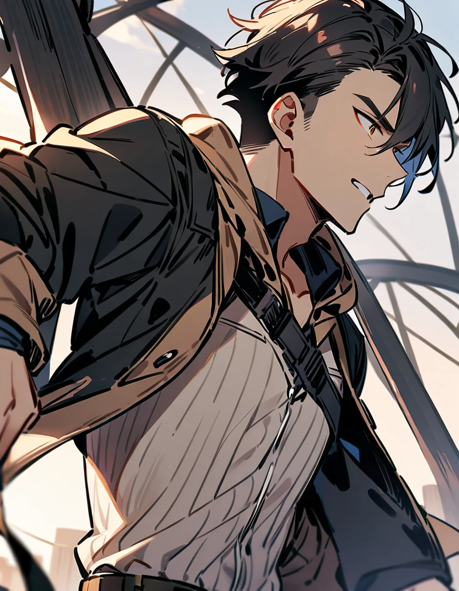 One boy, Men's Center, Ichigo Kurosaki, bleach, Black Hakama, tensa zangetsu (For banks), Torn clothes, Outdoor, rain, breastplate), (Highest quality), (Super detailed), so beautiful, figure, Disheveled Hair, Perfect composition, Moisturized Skin, Intricate details,