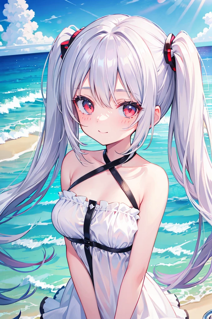 Silver Hair　Half Twin Tail　Red Eyes　freckles　beautiful girl　blue sea　White sand beach　Light of the sun　smile