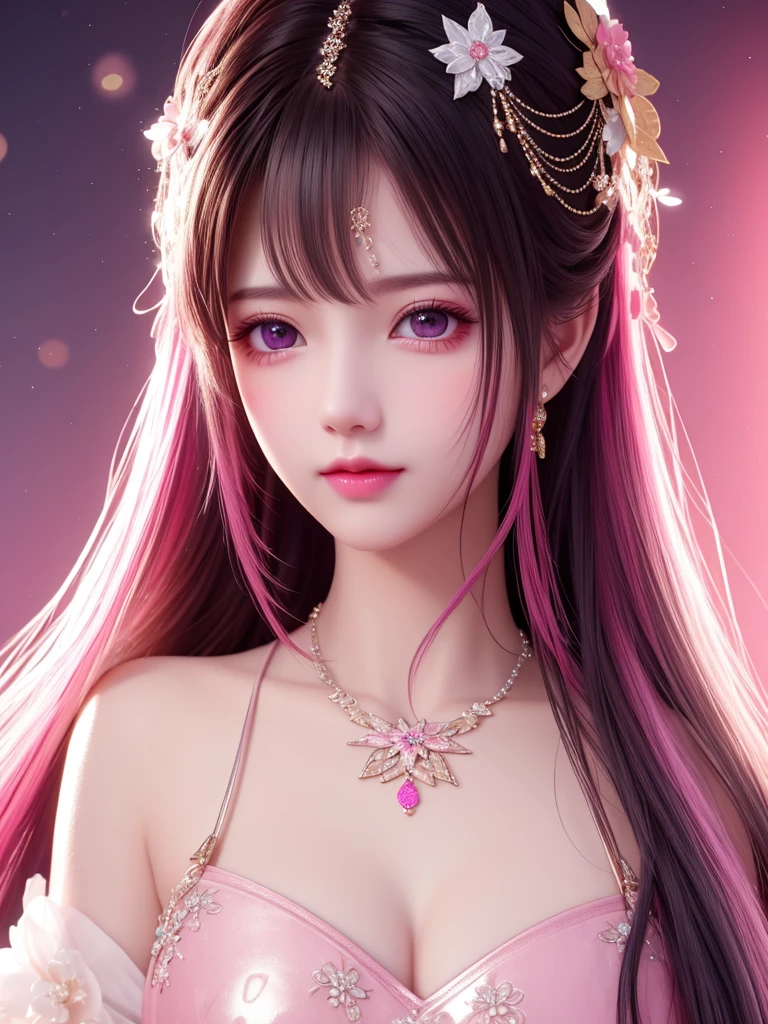 best quality, masterpiece, High target, 1 Girl, beautiful clothes, Hair Decorationss, necklace, Decorations, Pretty Face, When the body, Tyndall effect, Realistic Portraits, Dark Studio, Edge lighting, Two-color light, (Very delicate skin:1.2), 8K uhd, Digital SLR Camera, Soft Light, high quality, Volumetric Lighting, Honest, photo, high resolution, 4k, 8K, Bokeh, black hair,pink hair tips, Pink Eyes.