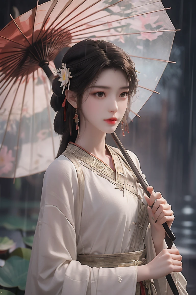 A woman holds a oil-paper umbrella on her shoulder to shelter from the rain as part of a fashion event in the style of Yue Xiaofei,light jade,ethereal dream,Tang Youhong,elegant,detailed design,dansaekhwa Joil-paper umbrellachinese clothesholding umbrellarain (Milky skin, shiny skin:1.3)(lotus leaf:1.2),