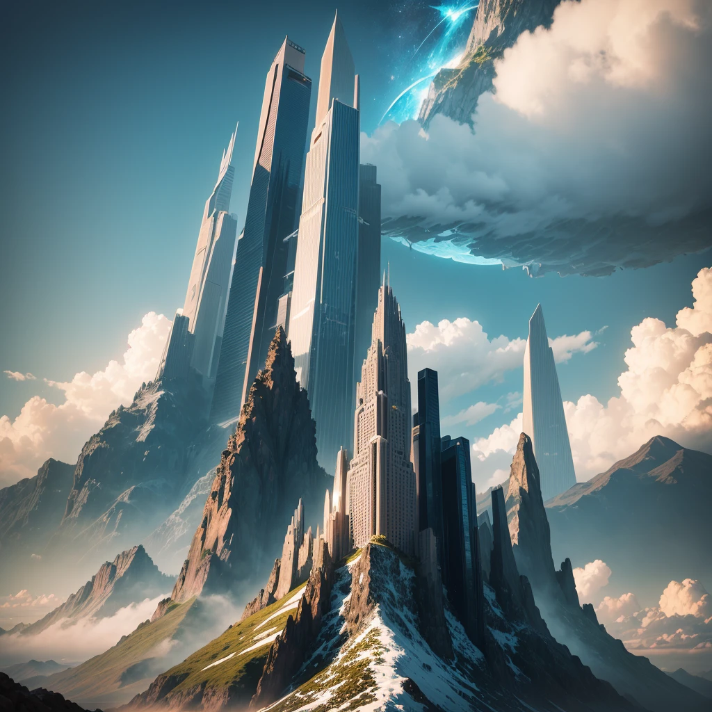 skyscrapers，ＳＦ，super huge mountain，cyber punk，Different world，best quality，8K， Highest quality ultra-high resolution Utopia， Huge Waterfall Nature，masterpiece
，A world beyond imagination，god々the world of，universe