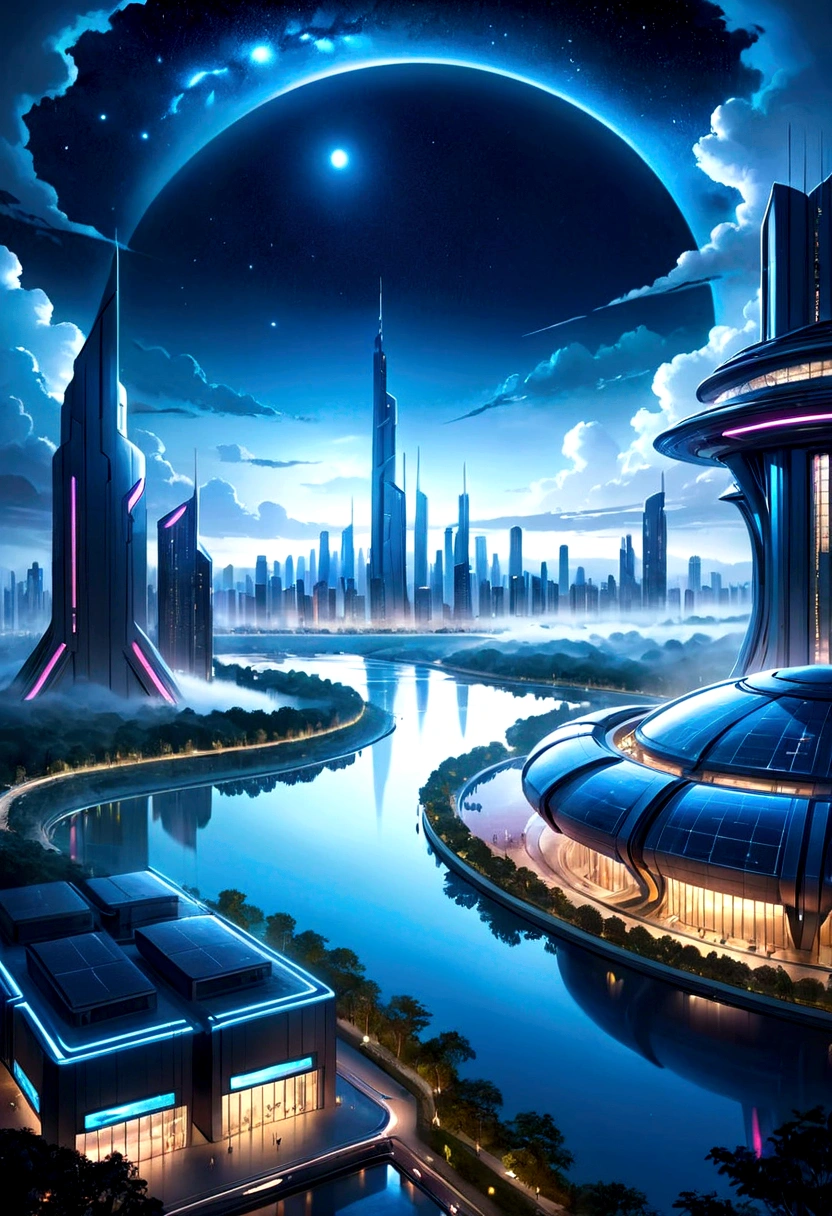 City skyline view with lake and park, (Cyberpunk: 1.3), (Night: 1.2), (Starry Sky), Illustration by Cha Shibiao, Shutterstock, Art Nouveau, Shenzhen, Shenzhen, Shenzhen. Guangjian, ultra-wide vision of the urban landscape, sci-fi architecture that breaks through imagination, all buildings have a sense of science and technology, full of science and technology. Architecture combined with light. Neon architecture. Beautiful city of the future, beautiful cityscape, science and technology city background, hou porcelain, there is a city in the background. Emphasis seen far away from a dry, dark forest, with a lot of fog, terreno plano, totally blue and dark scenery. Night time. Um pequeno castelo bem distante com uma lua cheia pequena e nuvens escuras. View of the entire scene very far away.