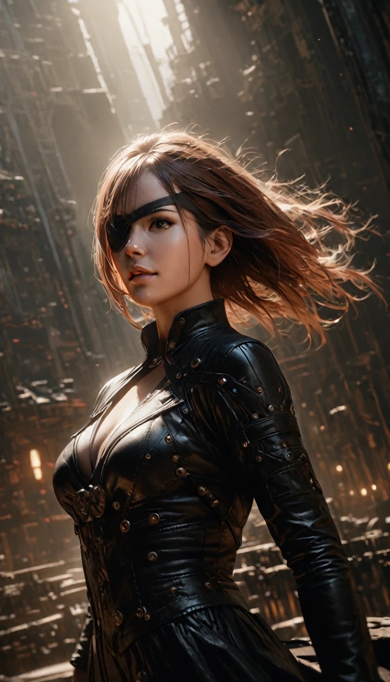 A beautiful highly detailed anime-style female space pirate, with a modern eye patch and disheveled hair falling over one eye, wearing intricate space fantasy clothing, in an immersive space battle station background, (best quality,4k,8k,highres,masterpiece:1.2),ultra-detailed,(realistic,photorealistic,photo-realistic:1.37),extremely detailed face and eyes, detailed intricate clothing, medium breasts, volumetric lighting, cinematic lighting, vivid colors,dramatic shadows, dynamic composition, Cinematic Shot