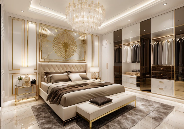 Modern bedroom design, luxurious interior, ((high resolution image, 8k, detailed anatomy of each object, rough surface, super detailed, super realistic, beautiful) spotless , surreal , spacious space , full light