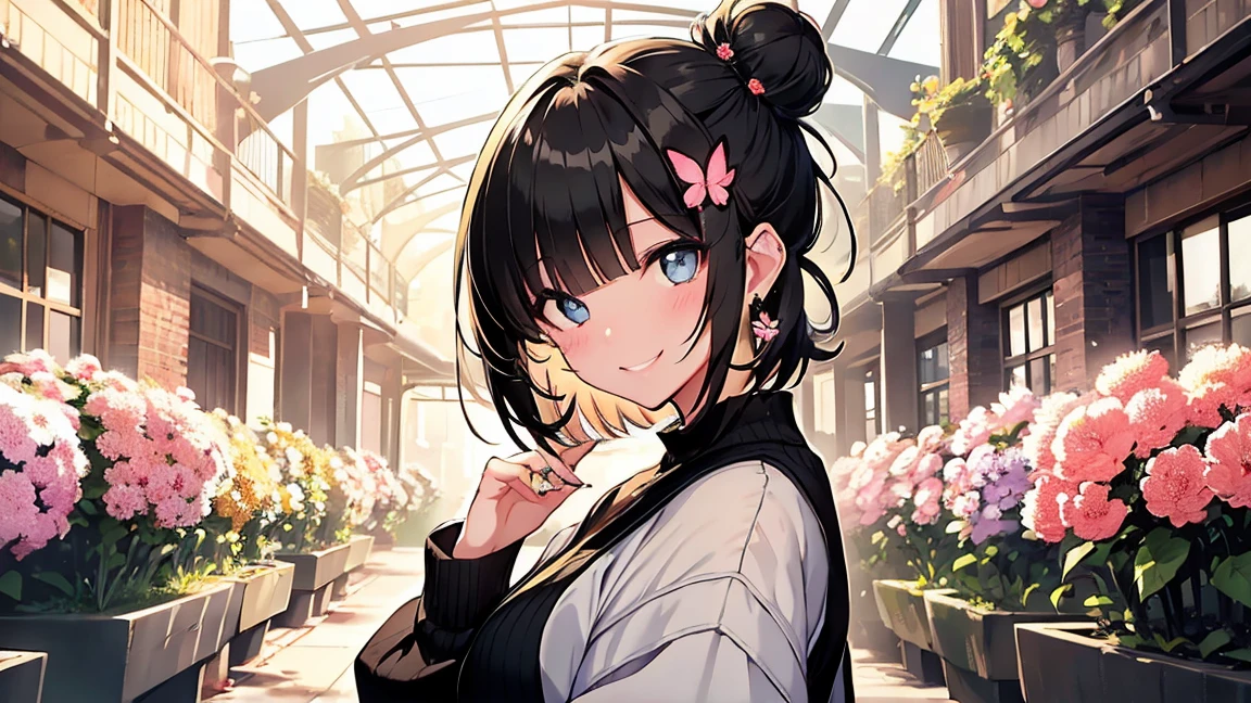 1 Sister, alone, View your audience, background, Black Hair、Short Bob Hair, hair ornaments, Long sleeve, 白いbackground, , Blooming Flowers, Hair Flowers, Hair Bun, butterfly, masterpiece, Recent quality, Every detail, Distinctive facial features, Beautiful Eyes、Absurd、Bright smile、Blushing'cheek、sexy、