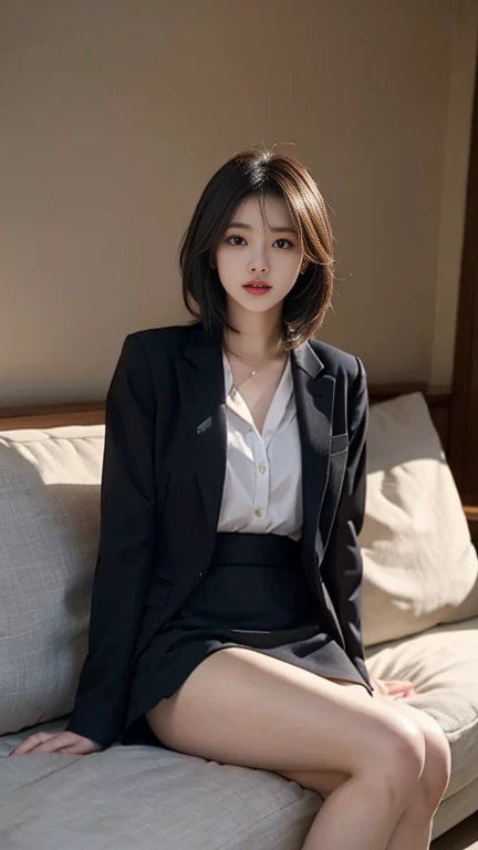 1 Girl,Sit on a comfortable sofa,Soft Light,Chinese Beauty, Suit suit,Short skirt,Hip skirt,Dark-haired,Length of hair
