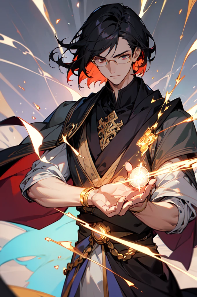 masterpiece, best quality, 1 male, young, tall muscular, handsome, finely detailed eyes, intricate details, black hair, short hair, smile, solo, upper body, detailed background, detailed face, good sorcerer, color magical robes, determined expression, white color scheme, dark crimson light, glowing magical runes, realistic lighting, floating particles, sparks, surrounded by gold lightning red arcane symbols, corrupted by eldritch power, bloom, glasses