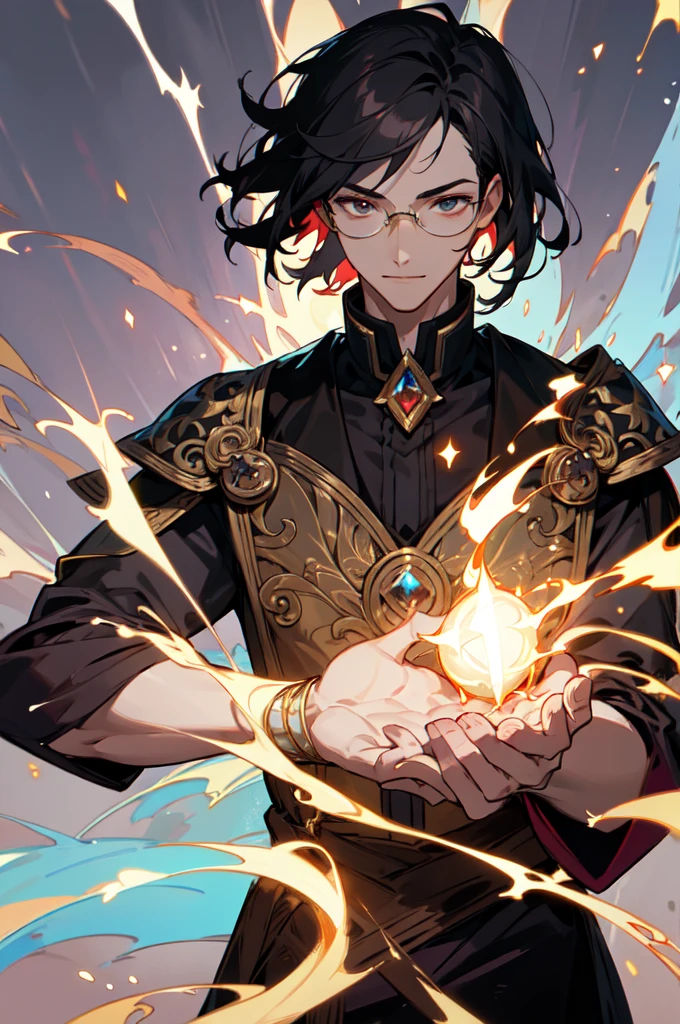masterpiece, best quality, 1 male, young, tall muscular, handsome, finely detailed eyes, intricate details, black hair, short hair, smile, solo, upper body, detailed background, detailed face, good sorcerer, color magical robes, determined expression, white color scheme, dark crimson light, glowing magical runes, realistic lighting, floating particles, sparks, surrounded by gold lightning red arcane symbols, corrupted by eldritch power, bloom, glasses