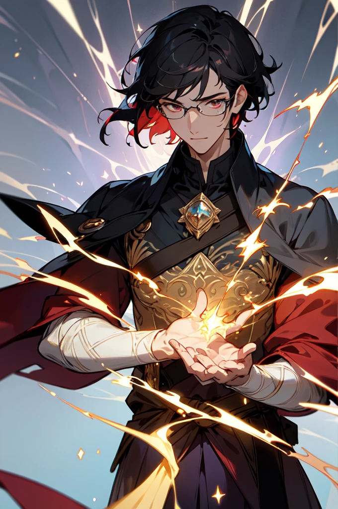 masterpiece, best quality, 1 male, young, tall muscular, handsome, finely detailed eyes, intricate details, black hair, short hair, smile, solo, upper body, detailed background, detailed face, good sorcerer, color magical robes, determined expression, white color scheme, dark crimson light, glowing magical runes, realistic lighting, floating particles, sparks, surrounded by gold lightning red arcane symbols, corrupted by eldritch power, bloom, glasses