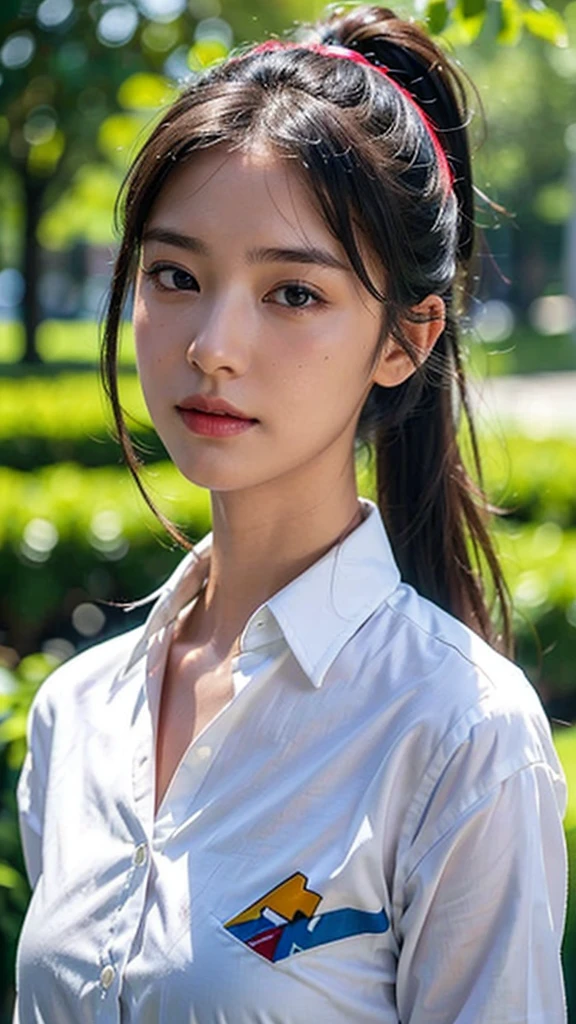 White collared shirt,jeans,outdoors,Urban Park,On the lawn,One woman,close up face,fully body photo,masutepiece, The highest image quality, High quality, the background is clear,Beautiful woman, Japanese, Detailed, Ultra-detailed, finely detail, hight resolution, 8K Wallpaper, Perfect dynamic composition, Beautiful detailed eyes ,Detailed eyes, Detailed skin, Beautiful skin, 超hight resolution, (reality: 1.4),Very beautiful woman, Slightly younger face, Beautiful skin, slender, (Ultra photo realsisim), (hight resolution), (8K), (Very detailed) (beautifully detailed eyes), (super detailed), (Detailed face), view the viewer, Fine details, Detailed face, Staring straight ahead, Staring straight ahead, photos realistic, Bright lighting, Professional Lighting, Black hair,poneyTail,a baby face,sixteen years old,Hairstyle: ponytail,Long ponytail hairstyle,slight smile,