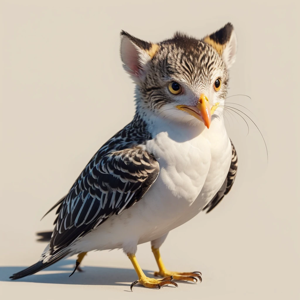 Small Animaly, has yellows stripes on his skin, gold eyes, seagull mixed with ant, Grassroots, no background