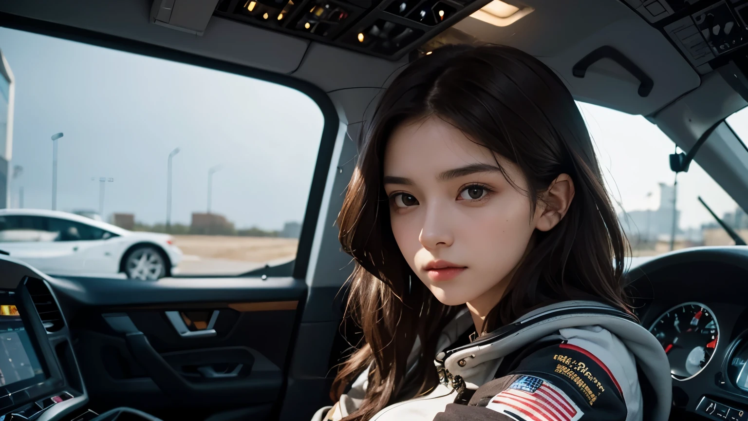 A beautiful woman. Twenty years old. Dark brown hair. She is looking at the camera with a defiant expression. She is in the cockpit of a small spaceship. She is wearing modern clothes.