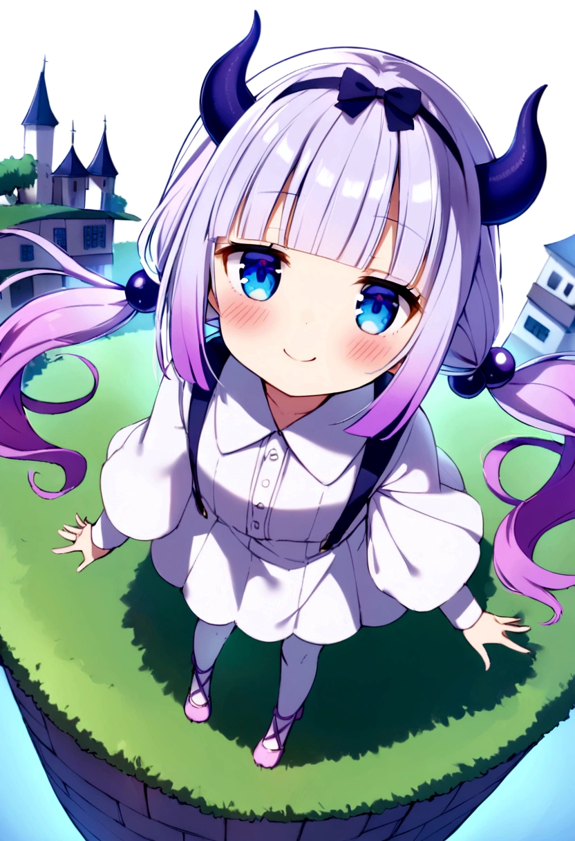{kanna_kamui_kobayashisanchinomaidragon:1.15}, long_hair, light_purple_hair, blue_eyes, hair_ornament, bangs, blush, multicolored_hair, twintails, blunt_bangs, hair_beads, beads, hairband, gradient_hair, low_twintails, horns, dragon_horns, purple_hair,'s build,bird's-eye view,smile