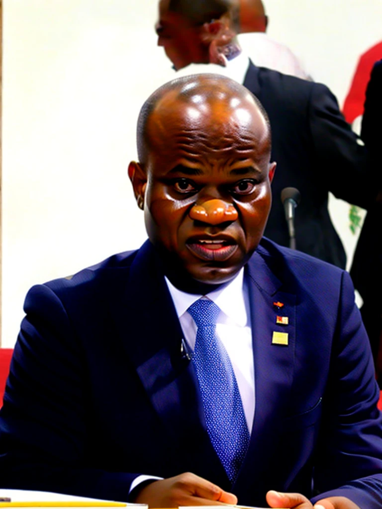 Detailed black and white and realistic portrait of African President oligui in black suit, shaved head with white background, style: Sketch, cartoon in pencil sketch, quick drawing without detailed details Pencil on a white sheet of paper, 8k
