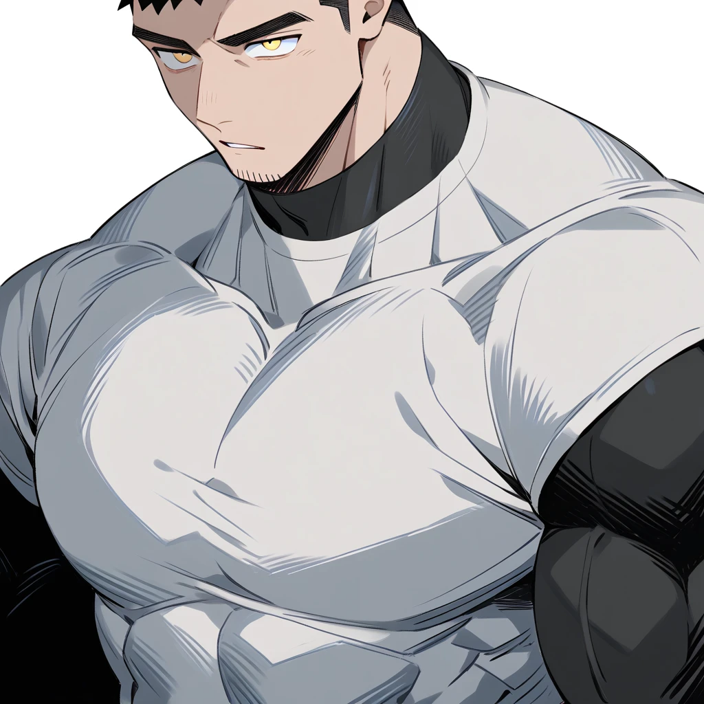 one negro, anime characters:Hibino Priapus, One Muscle Sports Student, ????? black skin, Very Black, muscular tough guy, Manliness, male focus, Grey long sleeve turtleneck tight t-shirt, Regular symmetrical pattern, Very tight, muscular male, muscular, only, Upper body, alone, Black short hair, Thick eyebrows, stubble, Yellow eyes, White background, simple background, amazing quality, best aesthetics, Ridiculous, bright pupils, crew cut, parted lips, v-shaped eyebrows, jitome, best quality