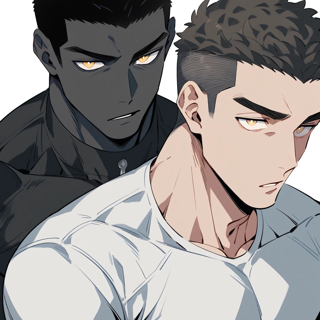 one negro, anime characters:Hibino Priapus, One Muscle Sports Student, negro black skin, Very Black, muscular tough guy, Manliness, male focus, Grey long sleeve turtleneck tight t-shirt, Regular symmetrical pattern, Very tight, muscular male, muscular, only, Upper body, alone, Black short hair, Thick eyebrows, stubble, Yellow eyes, White background, simple background, amazing quality, best aesthetics, Ridiculous, bright pupils, crew cut, parted lips, v-shaped eyebrows, jitome, best quality