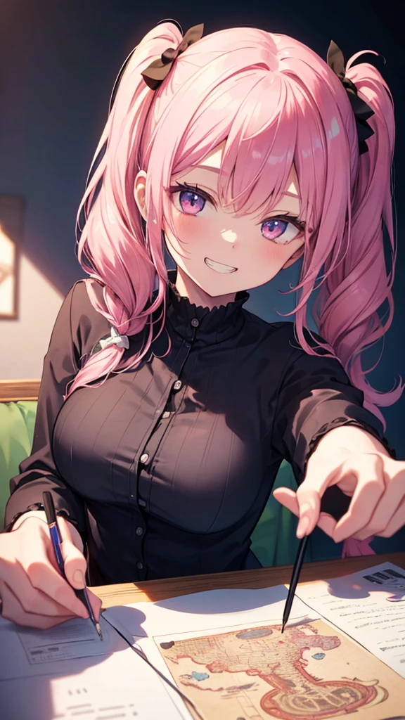 (masterpiece),(Highest quality),(Very detailed),(Best illustrations),(Best Shadow),Natural Light,(Detailed Background),(so beautiful)(masterpiece),(Highest quality),(Very detailed),(Best illustrations),(Best Shadow),(Detailed Background),(so beautiful), masterpiece, Highest quality, High resolution,,(masterpiece1.5),super high quality, Super detailed,Perfect drawing,girl(8k、Highest quality、Highest quality、masterpiece)、Detailed face、One Woman、Pink Hair、Twin tails、Open your mouth,Look down on me、Wicked Smile、((grin))、Girls' Clothing