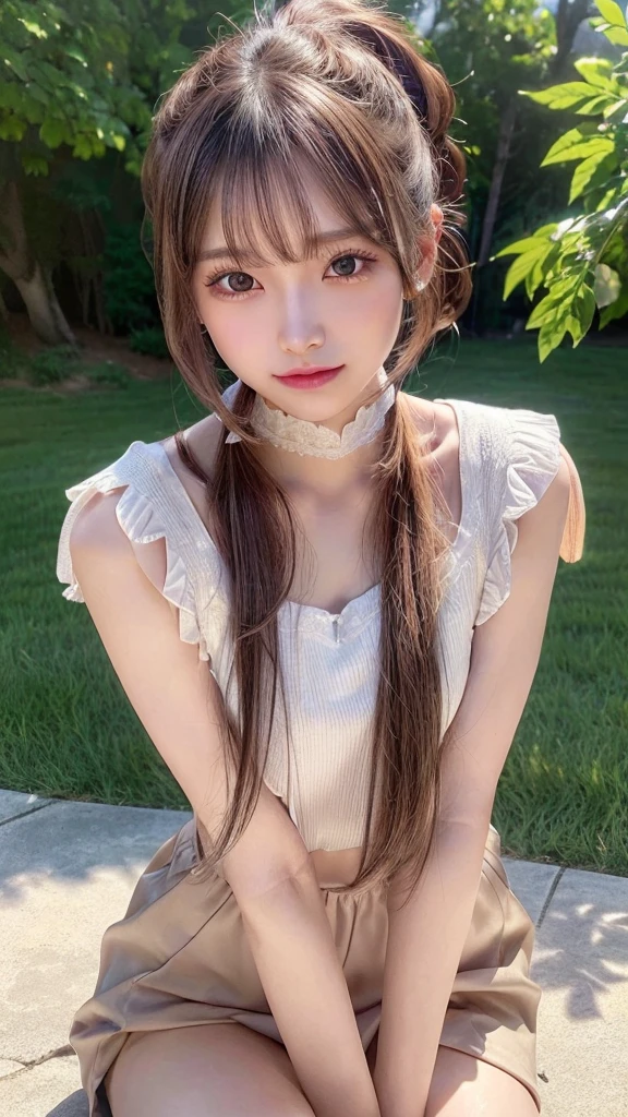 One piece with collar,outdoors,Urban Park,On the lawn,Ultra-detailed, finely detail, hight resolution, 8K Wallpaper, Perfect dynamic composition, Beautiful detailed eyes,Outdoor,Close-up of face,Outdoor,Blushing,Facing forward,,Long hair ponytail,((8k, Raw photo, Best Quality, Mastepiece:1.2), (Realism, Photorealistic:1.4), (Highly detailed 8K wallpapers), Depth of written boundary, Cinematic Lighting, Soft Light, Detailed Beauty Eye,Shiny and smooth light brown ponytail, Asymmetrical bangs, Shiny skin, Ultra-detailed skins ,It is high resolution., High detail, Detailed hairstyle, Detailed facial beauty, Hyper-realistic, Perfect limbs, Perfect Anatomy ,1 Japanese girl,Famous Japanese Idols, Perfect female body,A shy smile,Short eyelashes,Double-edged eyelids,Look straight here,Hair style: ponytail,