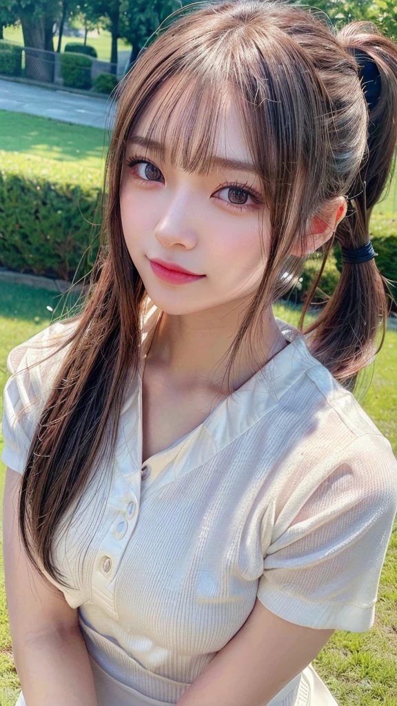 One piece with collar,outdoors,Urban Park,On the lawn,Ultra-detailed, finely detail, hight resolution, 8K Wallpaper, Perfect dynamic composition, Beautiful detailed eyes,Outdoor,Close-up of face,Outdoor,Blushing,Facing forward,,Long hair ponytail,((8k, Raw photo, Best Quality, Mastepiece:1.2), (Realism, Photorealistic:1.4), (Highly detailed 8K wallpapers), Depth of written boundary, Cinematic Lighting, Soft Light, Detailed Beauty Eye,Shiny and smooth light brown ponytail, Asymmetrical bangs, Shiny skin, Ultra-detailed skins ,It is high resolution., High detail, Detailed hairstyle, Detailed facial beauty, Hyper-realistic, Perfect limbs, Perfect Anatomy ,1 Japanese girl,Famous Japanese Idols, Perfect female body,A shy smile,Short eyelashes,Double-edged eyelids,Look straight here,Hair style: ponytail,