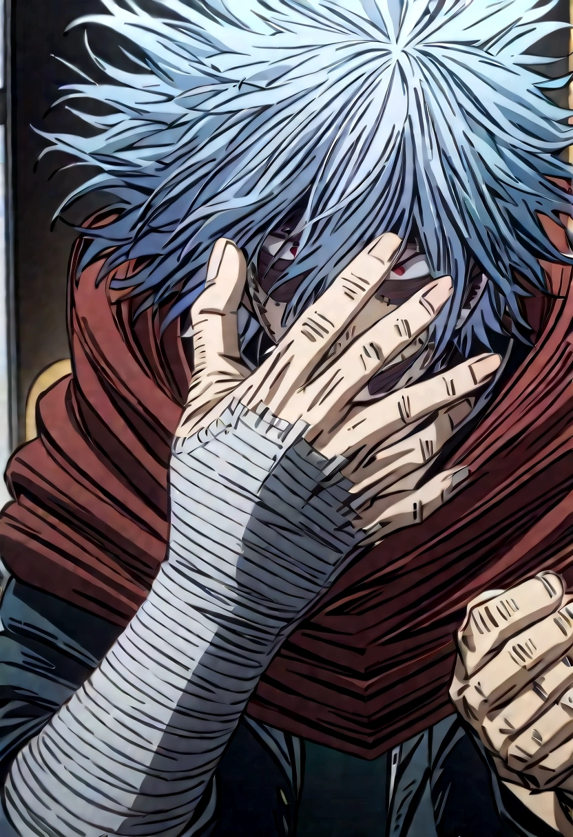 tomura_shigaraki, blue hair, red eyes, bangs, hair between eyes, scar, scar on face
tomura_shigaraki, blue hair, bangs, hair between eyes, scar, scar on face, gloves, white gloves, disembodied limb, covering face
tomura_shigaraki, white hair, red eyes, messy hair, gloves, red cape
tomura_shigaraki, white hair, red eyes, long hair, messy hair, cloak, cape
teeth
smile
grin
mole under mouth; dabi_bnha, black hair, blue eyes, short hair, spiked hair, hair between eyes, bangs, scar, burn scar, scar on face, piercing, stitches
dabi_bnha, white hair, blue eyes, short hair, spiked hair, hair between eyes, bangs, scar, burn scar, scar on face, piercing, stitches
blue fire (2 persons)