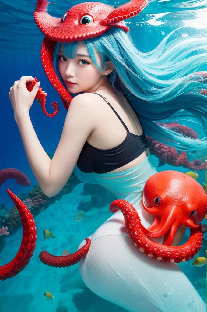 red octopus、beautiful girl、mermaid、cute、Light blue hair