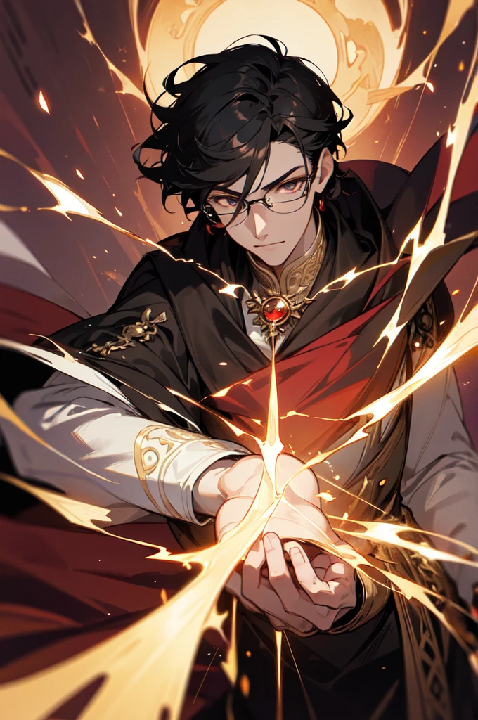 masterpiece, best quality, 1 male, young, tall muscular, handsome, finely detailed eyes, intricate details, black hair, short hair, smile, solo, upper body, detailed background, detailed face, good sorcerer, color magical robes, determined expression, white color scheme, dark crimson light, glowing magical runes, realistic lighting, floating particles, sparks, surrounded by gold lightning red arcane symbols, corrupted by eldritch power, bloom, glasses