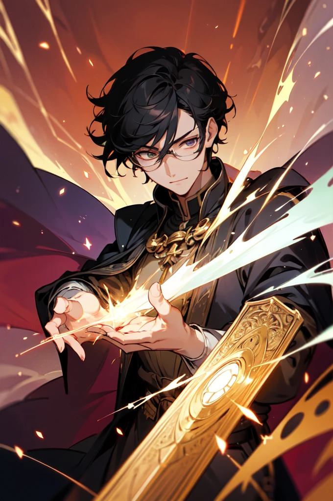 masterpiece, best quality, 1 male, young, tall muscular, handsome, finely detailed eyes, intricate details, black hair, short hair, smile, solo, upper body, detailed background, detailed face, good sorcerer, color magical robes, determined expression, white color scheme, dark crimson light, glowing magical runes, realistic lighting, floating particles, sparks, surrounded by gold lightning red arcane symbols, corrupted by eldritch power, bloom, glasses