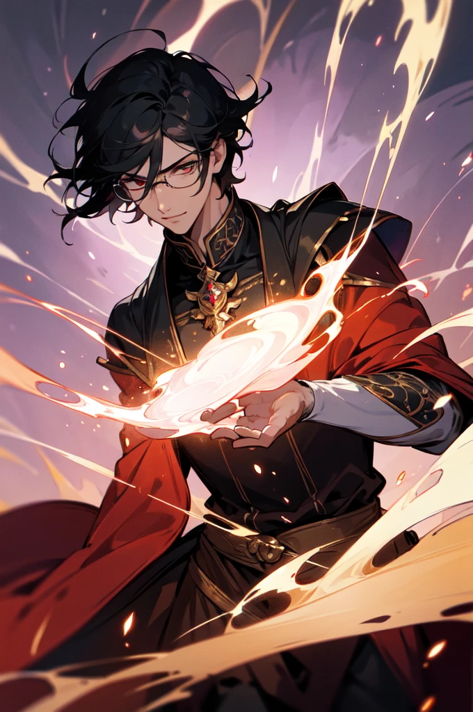 masterpiece, best quality, 1 male, young, tall muscular, handsome, finely detailed eyes, intricate details, black hair, short hair, smile, solo, upper body, detailed background, detailed face, good sorcerer, color magical robes, determined expression, white color scheme, dark crimson light, glowing magical runes, realistic lighting, floating particles, sparks, surrounded by gold lightning red arcane symbols, corrupted by eldritch power, bloom, glasses