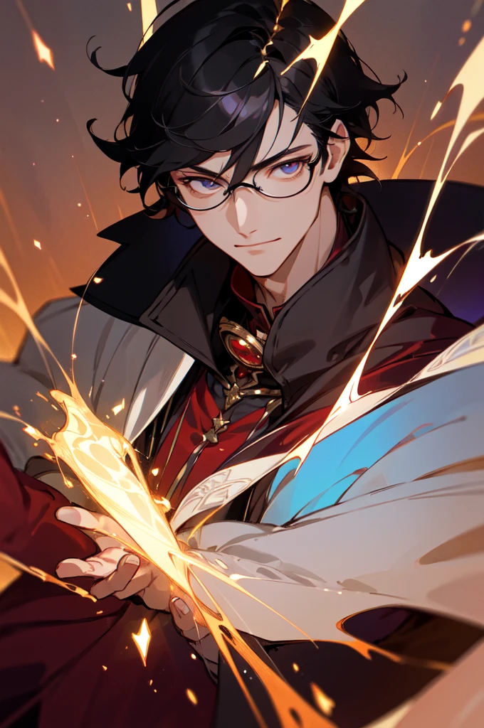 masterpiece, best quality, 1 male, young, tall muscular, handsome, finely detailed eyes, intricate details, black hair, short hair, smile, solo, upper body, detailed background, detailed face, good sorcerer, color magical robes, determined expression, white color scheme, dark crimson light, glowing magical runes, realistic lighting, floating particles, sparks, surrounded by gold lightning red arcane symbols, corrupted by eldritch power, bloom, glasses