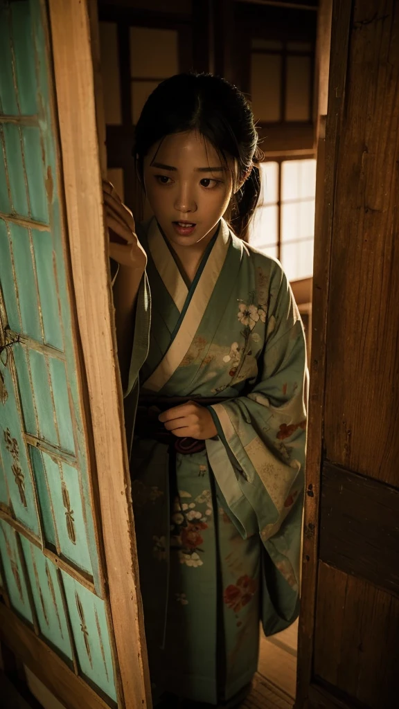 A young woman, in her 20s, with a pale, ghostly complexion, stands alone in a deserted, traditional Japanese house. She wears a tattered kimono, once beautiful but now stained and torn, with long, wild black hair falling over her face, partially obscuring her features. Her posture is contorted and unnatural; she is bent forward at an uncomfortable angle, with her head tilted to the side, eyes widened in a perpetual scream, mouth open in a silent, eternal terror. Her arms are outstretched, fingers curved and claw-like, as if reaching for something, or someone, beyond the frame. The background is a dimly lit room, with old, worn tatami mats and sliding paper doors, adorned with intricate, but faded, paintings of birds and flowers. The atmosphere is heavy and oppressive, with a sense of lingering malevolence. A faint, eerie light shines through a torn shoji door, casting an otherworldly glow on the woman, enhancing the surreal and frightening nature of the scene.