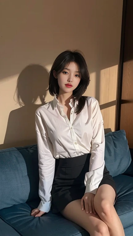 1 Girl,Sit on a comfortable sofa,Soft Light,Chinese Beauty, Suit suit,Short skirt,Hip skirt,Dark-haired,Length of hair