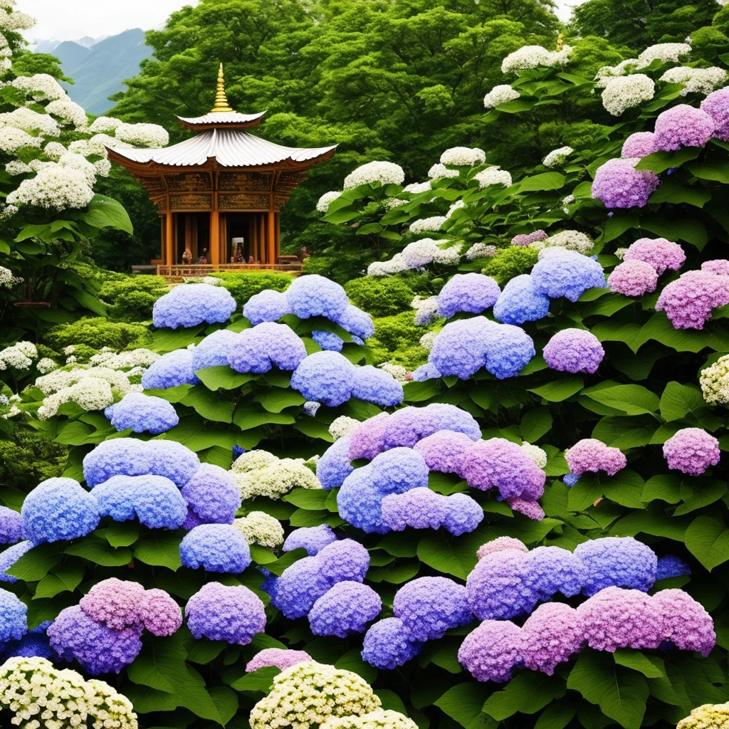 A temple full of blooming hydrangeas