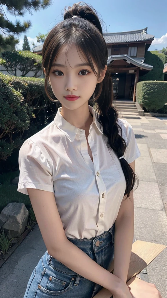 White collared shirt,jeans,Park,On the lawn,Close up face,One woman,masutepiece, The highest image quality, High quality, the background is clear,Beautiful woman, Japanese,Ultra-detailed, finely detail, hight resolution, 8K Wallpaper, Perfect dynamic composition, Beautiful detailed eyes , Detailed, Detailed eyes, Detailed skin, Beautiful skin, 超hight resolution, (reality: 1.4),Very beautiful woman, Slightly younger face, Beautiful skin, slender, (Ultra photo realsisim), (hight resolution), (8K), (Very detailed) (beautifully detailed eyes), (super detailed), (Detailed face), view the viewer, Fine details, Detailed face, Staring straight ahead, Staring straight ahead, photos realistic, Bright lighting, Professional Lighting, Black hair,poneyTail,a baby face,fourteen years old,Hairstyle: ponytail,Long ponytail hairstyle,slight smile,neat and tidy clothing,Beautiful Japanese KPOP idol photo, hair style is ponytail, my eyes are double and wide, baby face, smile and look straight ahead, slender, small breasts,Close up face,
