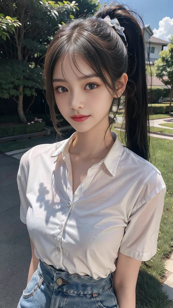 White collared shirt,jeans,Park,On the lawn,Close up face,One woman,masutepiece, The highest image quality, High quality, the background is clear,Beautiful woman, Japanese,Ultra-detailed, finely detail, hight resolution, 8K Wallpaper, Perfect dynamic composition, Beautiful detailed eyes , Detailed, Detailed eyes, Detailed skin, Beautiful skin, 超hight resolution, (reality: 1.4),Very beautiful woman, Slightly younger face, Beautiful skin, slender, (Ultra photo realsisim), (hight resolution), (8K), (Very detailed) (beautifully detailed eyes), (super detailed), (Detailed face), view the viewer, Fine details, Detailed face, Staring straight ahead, Staring straight ahead, photos realistic, Bright lighting, Professional Lighting, Black hair,poneyTail,a baby face,fourteen years old,Hairstyle: ponytail,Long ponytail hairstyle,slight smile,neat and tidy clothing,Beautiful Japanese KPOP idol photo, hair style is ponytail, my eyes are double and wide, baby face, smile and look straight ahead, slender, small breasts,Close up face,