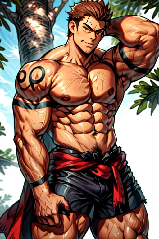 Youthful feeling,( Tattoo),(Thick body hair),Upper body,(He was wearing baggy shorts,Revealing his length, muscular, hairy),(Leaning against a tree),(For the audience) ,(Put his hands on his waist), (Focus on your audience) ,(There is a huge bulge in the area),sideways,Sharp eyes,(Thick dark brown hair),(Bottom-up view),Broad shoulders,Muscles protrude a lot,Highest image quality,cartoon ,Anime Wallpaper,Chest muscle expansion,spread your legs,Sexy,(main part, best quality),((Exaggerated muscle bulge)),The protagonist is tall,muscular and bulky, muscular characters, Awesome and cool, tall and muscular, muscular!!, Very strong, muscular attractive men, Huge muscles, Big Muscle, Muscle Man, Anime handsome man, muscular!, Giant muscles, muscular bodies,(canto da foto de baixo para cima) (imagem da mais alta qualidade) ,Close-up photos,Lion man ,real, jovem, , vestindo shorts, virilha saliente, imagem de anime, Leaning against a tree, pernas bem abertas, male face, bonito rosto jovem, cabelo subcortado, huge muscle muscles of the chest, large strong thigh muscles, Biceps Sinewy muscles, Corpo enorme, corpo tonificado devido ao treinamento intenso, Well-developed muscles, ABS transparente de 8 embalagens, 3 metros de altura, topless, , pele brilhante, rede de suor pingando, (hands on thighs), bare feet, Sem barba,Thick Legs,