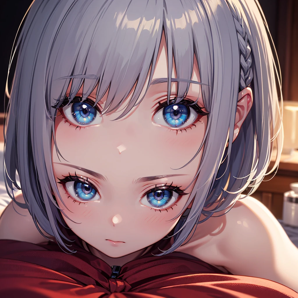 Ultra-high resolution,masterpiece, Attention to detail, Highest quality, 4K,(Silver braided short bob),(heavy chest,Captivating body、Ultra-detailed skin、Beautiful eyes、Detailed Background),1 girl、(lie face down)、bed