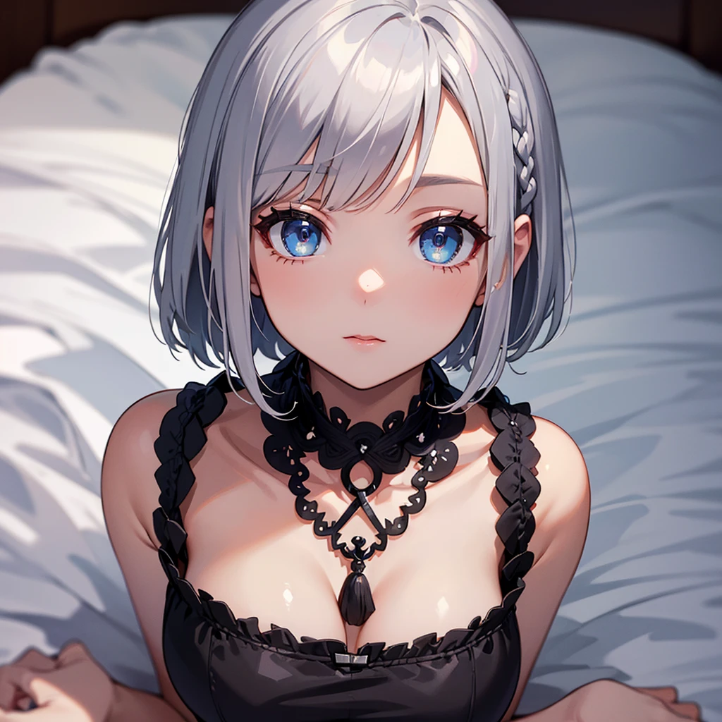 Ultra-high resolution,masterpiece, Attention to detail, Highest quality, 4K,(Silver braided short bob),(heavy chest,Captivating body、Ultra-detailed skin、Beautiful eyes、Detailed Background),1 girl、(lie face down)、bed