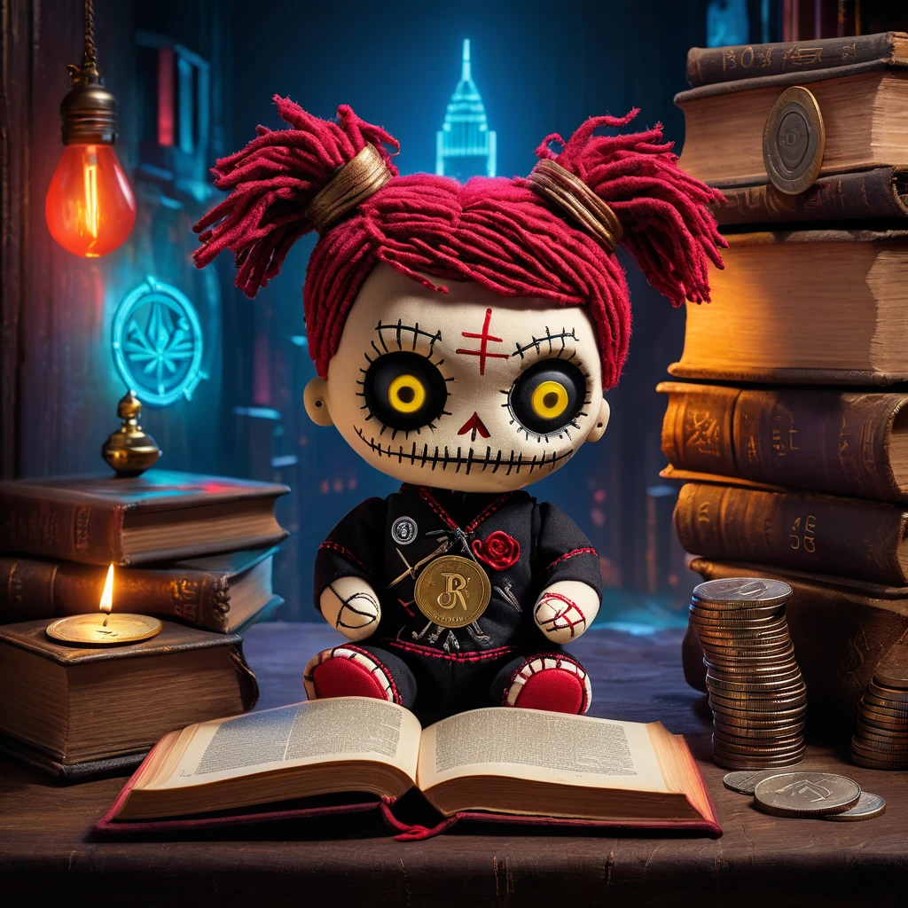 (knitted toy voodoo doll:1.7), (voodoo doll with tinfoil hat:1.4), (Clothing: ragged shirt and pants:1.0), (Accessories: small pins, mysterious symbols:1.1), (background: dimly lit attic with dusty shelves and old books:1.2), best quality, masterpiece, detailed soft oil painting, detailed background, dramatic cinematic lighting, soft edge lighting, professional, dramatic lighting, hard edge lighting, ultra quality, 4k, masterpiece, best quality, 8k, ultra high definition, high resolution, extremely detailed