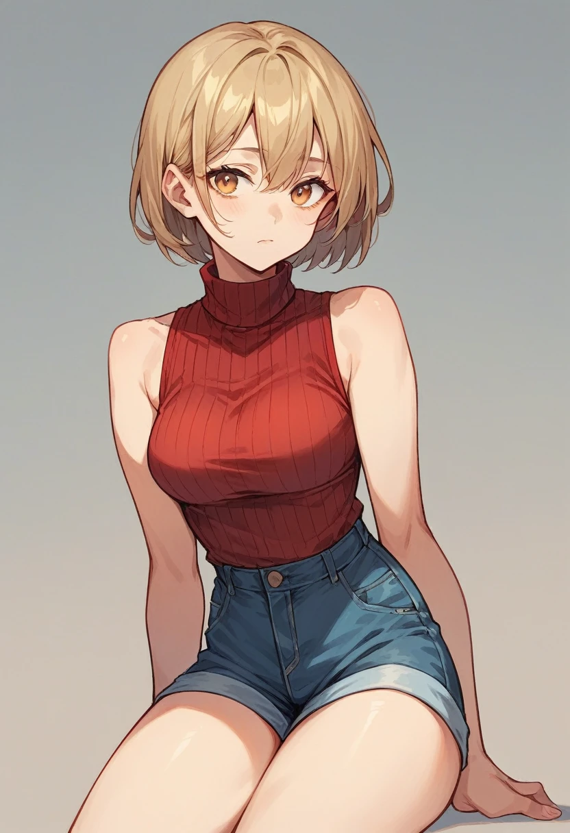 shorts,sleeveless,short shorts,turtleneck,denim,ribbed sweater,denim shorts,turtleneck sweater,sleeveless turtleneck,red sweater,sleeveless sweater,