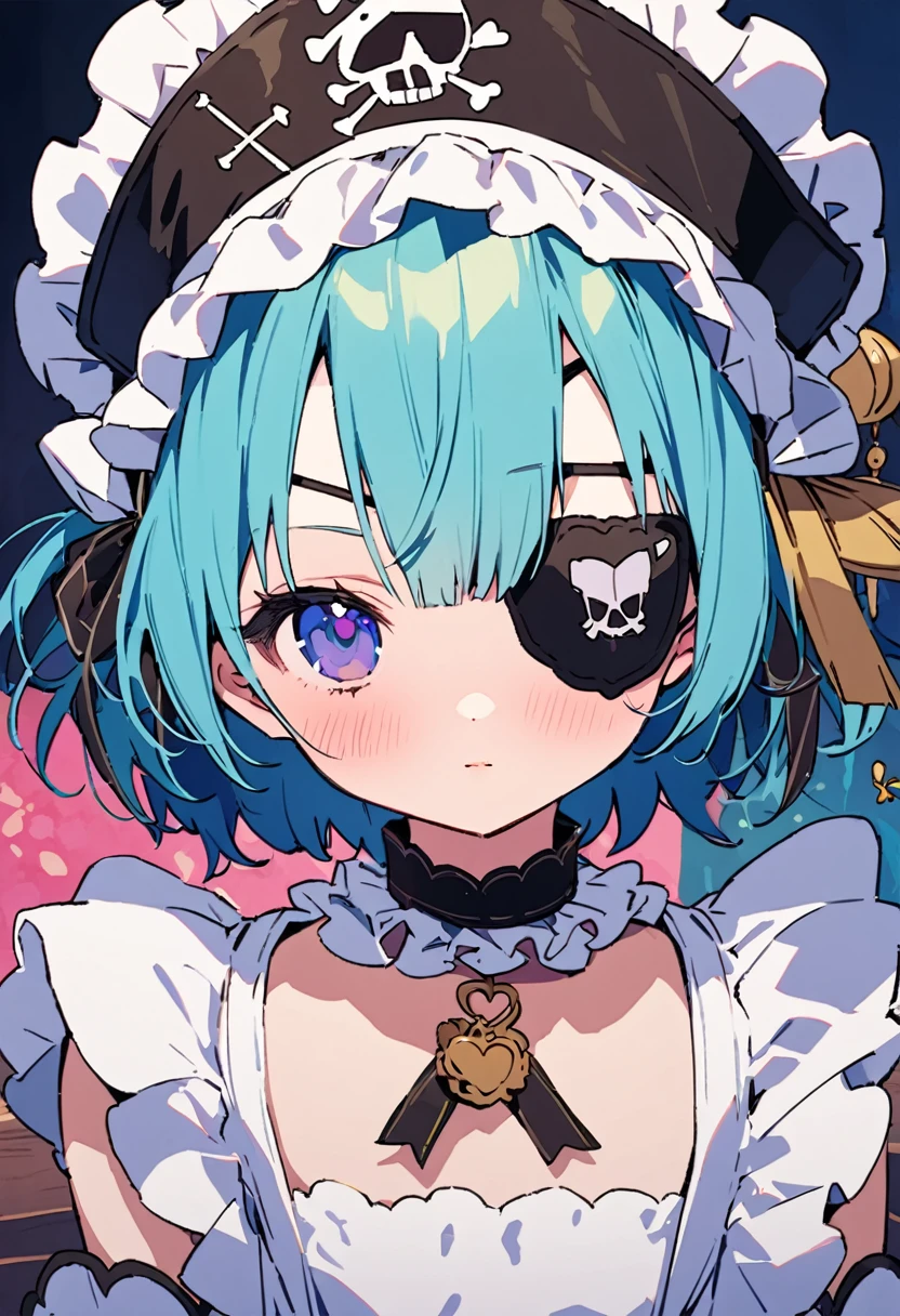masterpiece, Highest quality, Illustration of the novel, High resolution, 18+ Adult content, Sensual, Intimate, Emotional, Passionate, romantic, sweet, Adorable, Innocent, Pure, Charmな, Charmな, Charm, mysterious, Charmな, Charmな, Immersive, Charmな, dream-like, Surreal, Imaginative, Whimsical, Artistic, Avant-garde, timeless, elegant, Sophisticated, chic, Sophisticated, personality, original, Charmな,((Maid clothes:1.3)),(( Pirate:1.3)),((Eye patch:1.3))、((Upper Body:1.3))