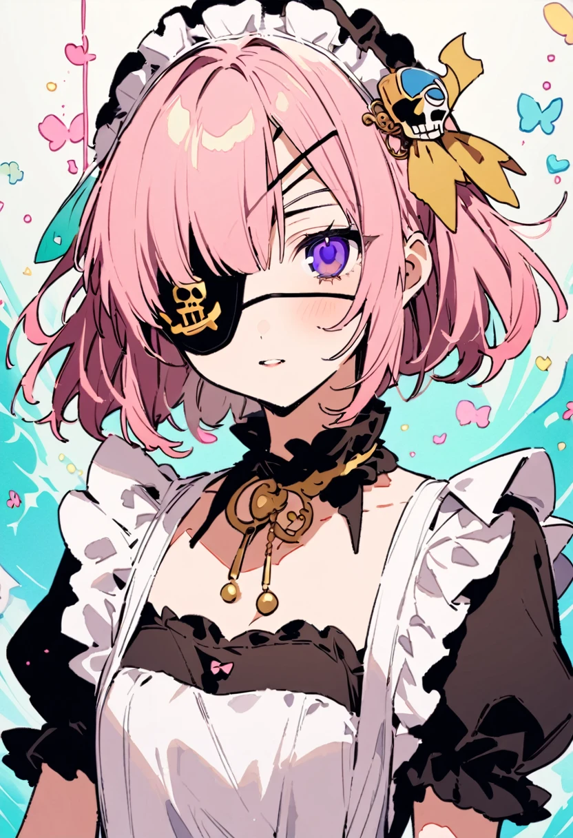 masterpiece, Highest quality, Illustration of the novel, High resolution, 18+ Adult content, Sensual, Intimate, Emotional, Passionate, romantic, sweet, Adorable, Innocent, Pure, Charmな, Charmな, Charm, mysterious, Charmな, Charmな, Immersive, Charmな, dream-like, Surreal, Imaginative, Whimsical, Artistic, Avant-garde, timeless, elegant, Sophisticated, chic, Sophisticated, personality, original, Charmな,((Maid clothes:1.3)),((Loli Pirate:1.3)),((Eye patch:1.3))、((Upper Body:1.3))