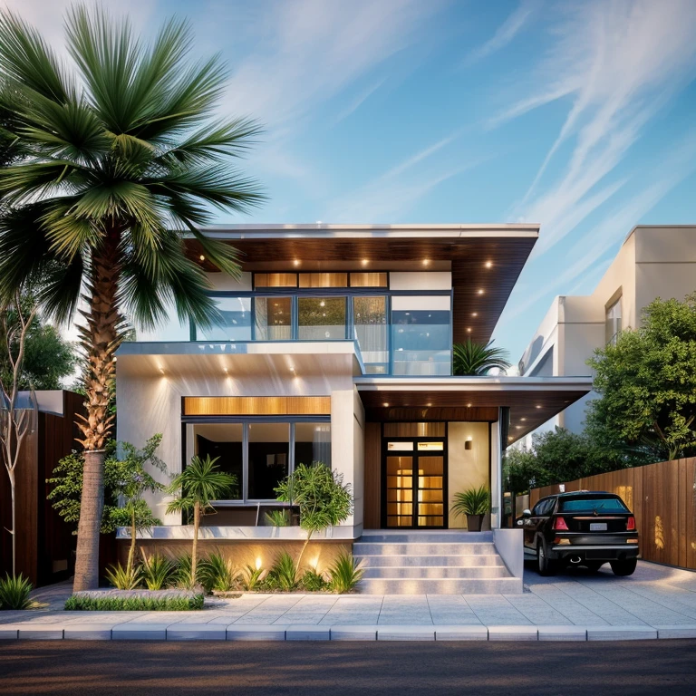 Ultra-realistic 8k, hd image quality, sharp detail, 2-story modern house, main materials: white walls, wooden ceiling accents, large glass windows, roads, cars, sidewalks, American Palm trees high, has a small alley, located in a residential area, modern style, shimmering sky, sunset light, feels peaceful, beautiful, close and warm, ((Warm light from indoor:1.3)), (daylight:1.2), perfect lighting,dynamic light,2 large glass doors,((1 large glass window:1.3)), (night light), (colorful flowers in front of the house)